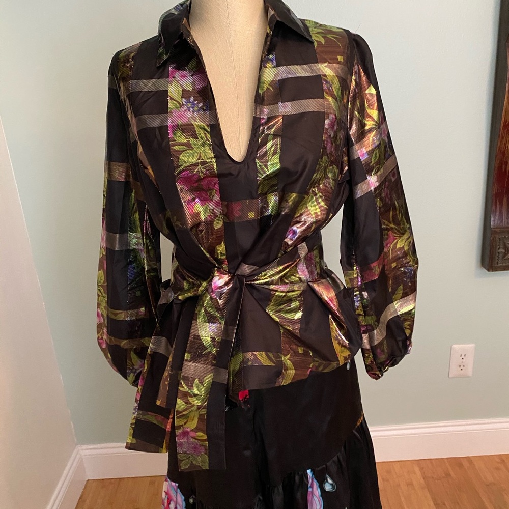 Cynthia Rowley Metallic Plaid Blouse